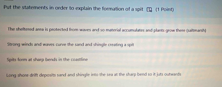 Put the statements in order to explain the formation of a spit (1 Point)
The sheltered area is protected from waves and so material accumulates and plants grow there (saltmarsh)
Strong winds and waves curve the sand and shingle creating a spit
Spits form at sharp bends in the coastline
Long shore drift deposits sand and shingle into the sea at the sharp bend so it juts outwards