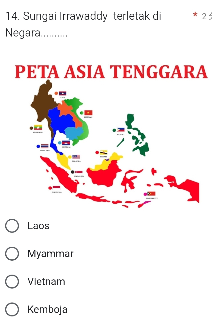 Sungai Irrawaddy terletak di * 2
Negara..........
PETA ASIA TENGGARA
Laos
Myammar
Vietnam
Kemboja