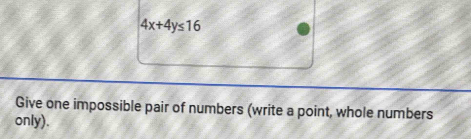 4x+4y≤ 16
Give one impossible pair of numbers (write a point, whole numbers 
only).