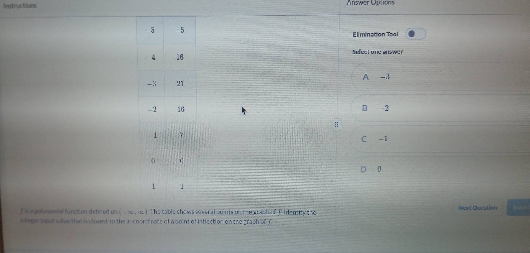 Instructions Answer Options
Elimination Tool
Select one answer
A -3
B -2
::
C -1
0
Next Question Submi
f is a polynomial function defined on (-∈fty ,∈fty ). The table shows several points on the graph of f. Identify the
integer input value that is closest to the x-coordinate of a point of inflection on the graph of f.