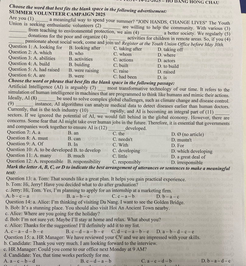 Giải quyết:12-2025 - HO DANG HÔNG CHAU Choose the word that best fits ...