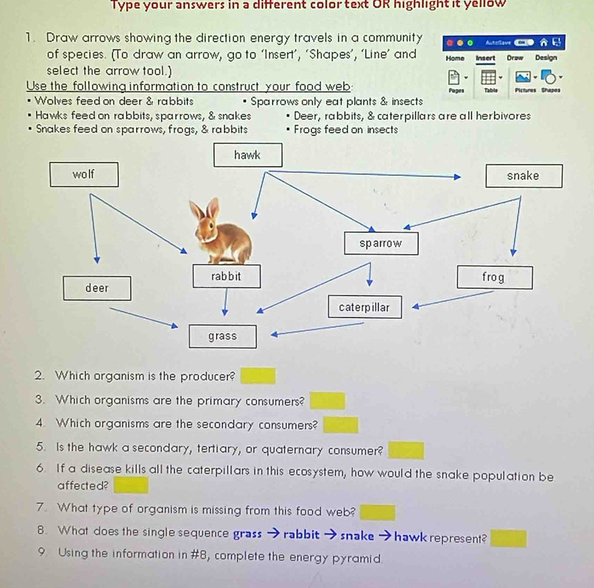 Type your answers in a different color text OR highlight it yellow
1. Draw arrows showing the direction energy travels in a community a AltoGave 
of species. (To draw an arrow, go to ‘Insert’, ‘Shapes’, ‘Line’ and Home Insert Draw Design
select the arrow tool.)
Use the following information to construct your food web: Pages Table Pictures Shapes
Wolves feed on deer & rabbits Sparrows only eat plants & insects
Hawks feed on rabbits, sparrows, & snakes Deer, rabbits, & caterpillars are all herbivores
Snakes feed on sparrows, frogs, & rabbits Frogs feed on insects
2. Which organism is the producer?
3. Which organisms are the primary consumers?
4. Which organisms are the secondary consumers?
5. Is the hawk a secondary, tertiary, or quaternary consumer?
6. If a disease kills all the caterpillars in this ecosystem, how would the snake population be
affected?
7. What type of organism is missing from this food web?
8. What does the single sequence grass → rabbit - snake → hawk represent?
9. Using the information in #8, complete the energy pyramid.