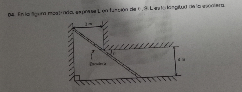 En la figura mostrada, exprese L en función de θ. Si L es la longitud de la escalera.
3m
Esculera