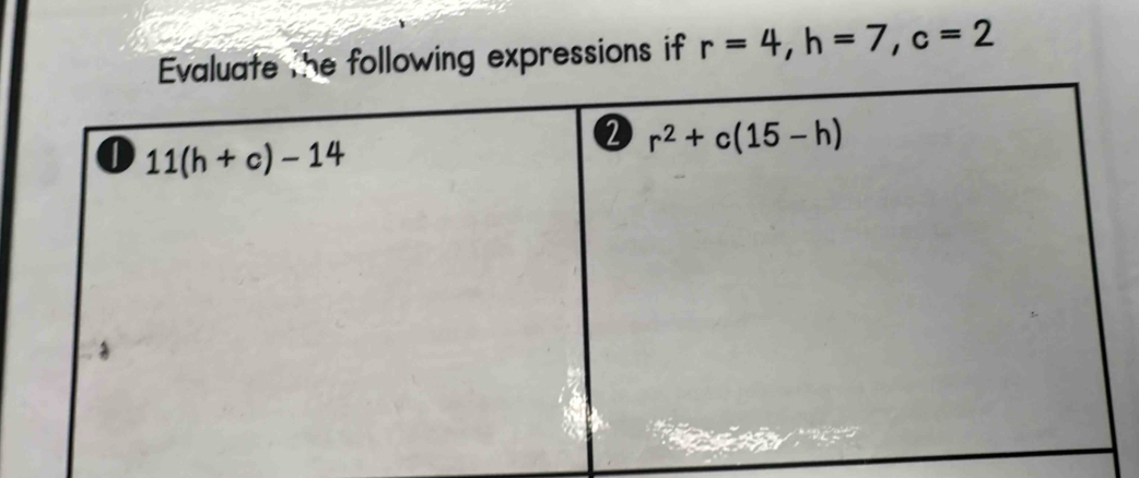 ate the following expressions if r=4,h=7,c=2