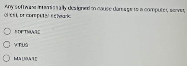 Any software intentionally designed to cause damage to a computer, server,
client, or computer network.
SOFTWARE
VIRUS
MALWARE