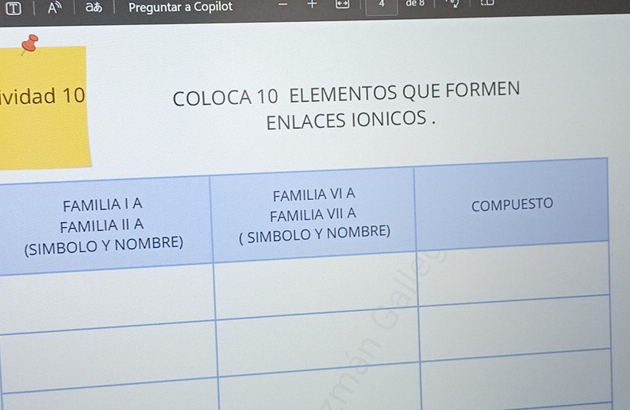 4
A^8 aあ Preguntar a Copilot de8 
ividad 10 COLOCA 10 ELEMENTOS QUE FORMEN 
ENLACES IONICOS .