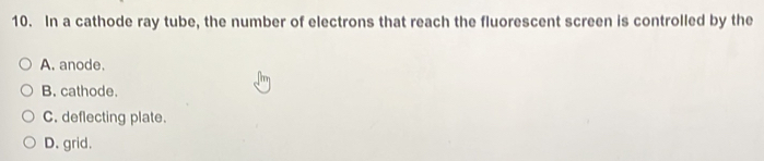 In a cathode ray tube, the number of electrons that reach the fluorescent screen is controlled by the
A. anode.
B. cathode.
C. deflecting plate.
D. grid.