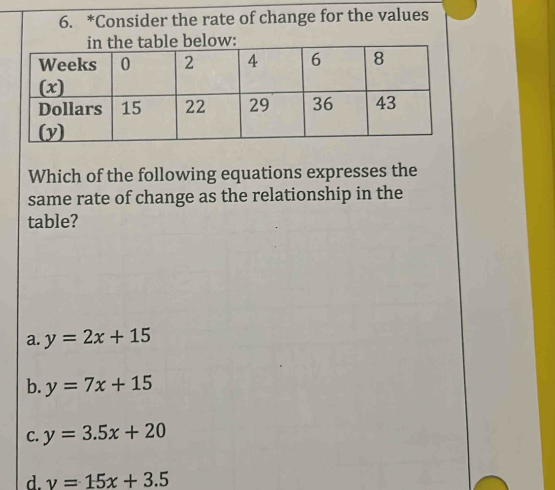 Consider the rate of change for the values
Which of the following equations expresses the
same rate of change as the relationship in the
table?
a. y=2x+15
b. y=7x+15
C. y=3.5x+20
d. y=15x+3.5