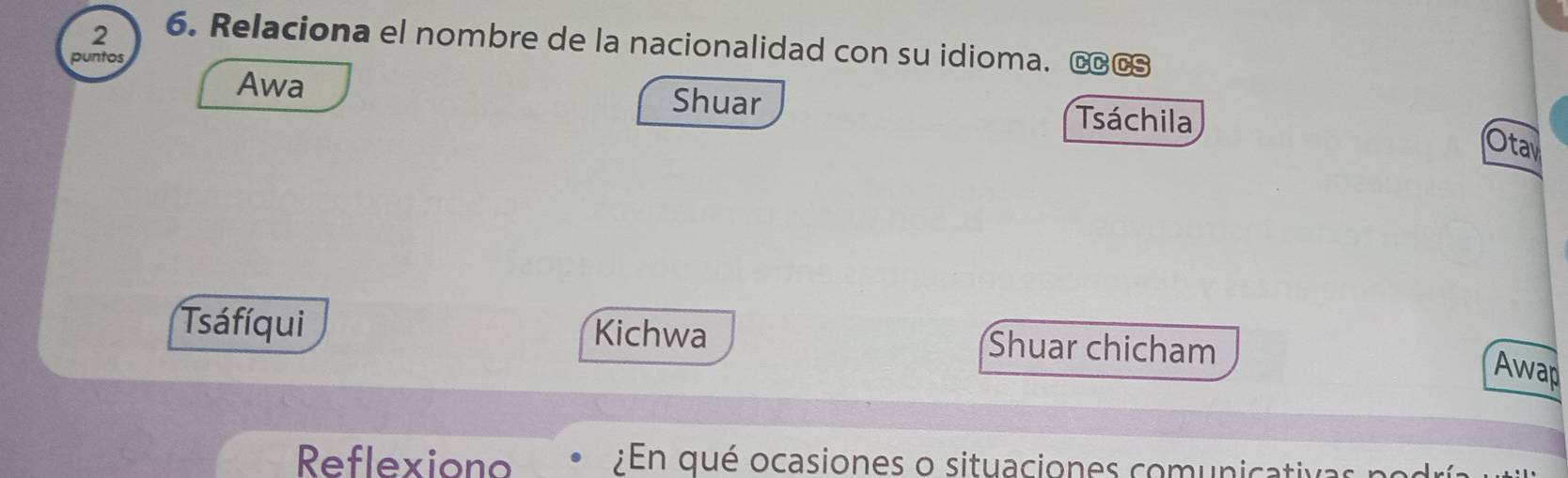 2 6. Relaciona el nombre de la nacionalidad con su idioma. €Œ
puntos
Awa Shuar
Tsáchila
Ota
Tsáfíqui Kichwa Shuar chicham
Awap
Reflexiono ;En qué ocasiones o situaciones comunicativas