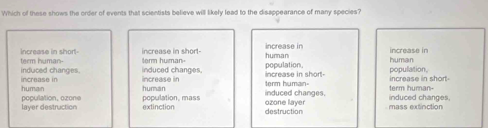 Which of these shows the order of events that scientists believe will likely lead to the disappearance of many species?
increase in
increase in short- increase in short- human increase in
term human- term human- population, human
induced changes. induced changes, increase in short- population,
increase in increase in term human- increase in short-
term human-
human human induced changes,
population, ozone population, mass induced changes.
layer destruction extinction ozone layer destruction mass extinction