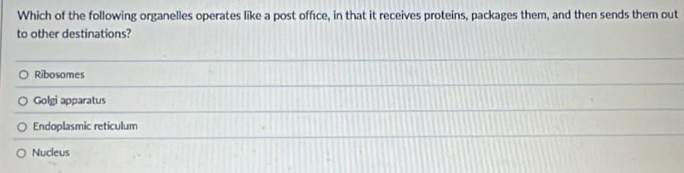 Which of the following organelles operates like a post office, in that it receives proteins, packages them, and then sends them out
to other destinations?
Ribosomes
Golgi apparatus
Endoplasmic reticulum
Nucleus