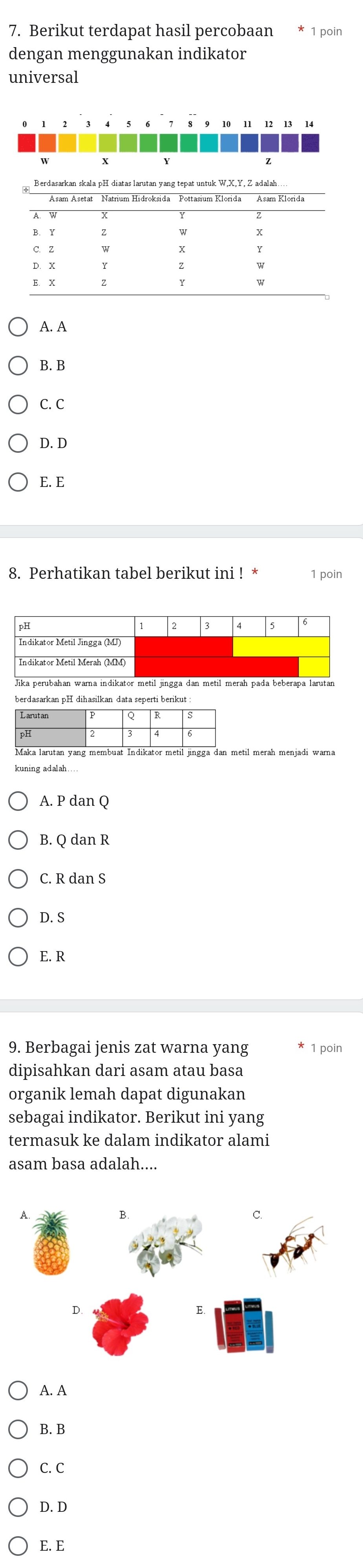 Berikut terdapat hasil percobaan 1 poin
dengan menggunakan indikator
universal
X
Asam Asetat Natrium Hidroksida Pottasium Klorida Asam Klorida
D. X
E. X
A. A
B. B
C. C
D. D
E. E
8. Perhatikan tabel berikut ini ! 1 poin
A. P dan Q
B. Q dan R
C. R dan S
D. S
E. R
9. Berbagai jenis zat warna yang 1 poin
dipisahkan dari asam atau basa
organik lemah dapat digunakan
sebagai indikator. Berikut ini yang
termasuk ke dalam indikator alami
asam basa adalah....
A. A
B. B
C. C
D. D
E. E