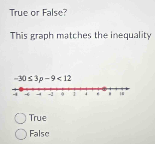 True or False?
This graph matches the inequality
-30≤ 3p-9<12</tex>
True
False