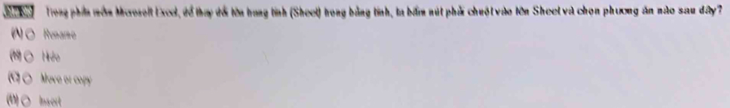 No Trong phin mớm Mcroselt E xcel, đề thay đới tên trang tỉnh (Sheet) trong bằng tính, ta bầm nút phải chuột vào tên Sheel và chọn phương ăn nào sau dây?
N O Renamme
(8○ Hdo
(C) O Move or copy
(D)○ Insert