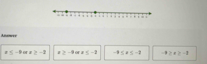 Answer
x≤ -9 or x≥ -2 x≥ -9 or x≤ -2 -9≤ x≤ -2 -9≥ x≥ -2