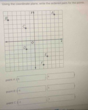 Using the coordinate plane, write the ordered pairs for the points 
poin A:6
point & □ 6
point C sqrt(3)