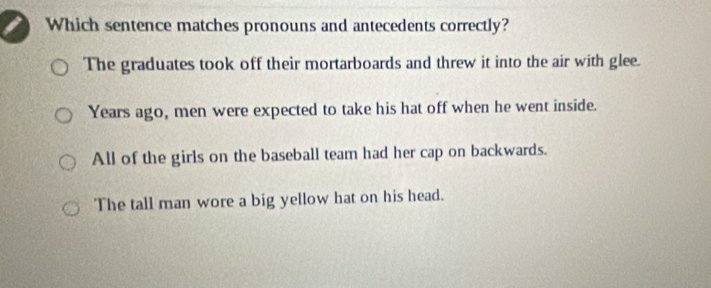 Which sentence matches pronouns and antecedents correctly?
The graduates took off their mortarboards and threw it into the air with glee.
Years ago, men were expected to take his hat off when he went inside.
All of the girls on the baseball team had her cap on backwards.
The tall man wore a big yellow hat on his head.