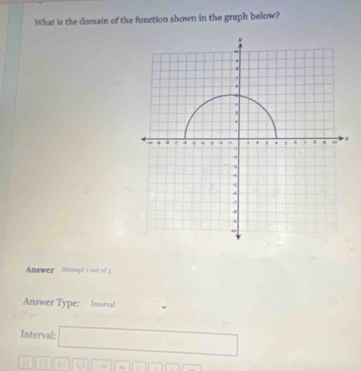 What is the domain of the function shown in the graph below? 
Answer Attempt 1 out of 3 
Answer Type: Interval 
Interval: □
116 || overline 6□ -□ □ □ endarray