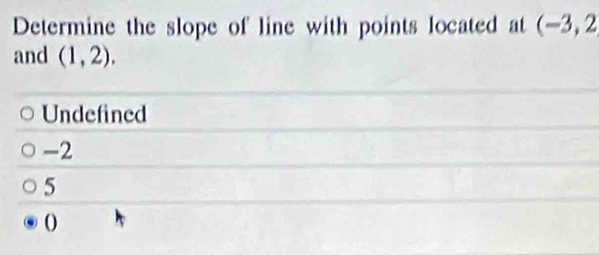 Determine the slope of line with points located at (-3,2
and (1,2).
Undefined
-2
5