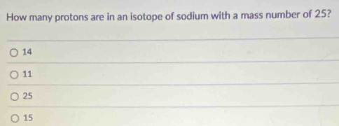 How many protons are in an isotope of sodium with a mass number of 25?
14
11
25
15