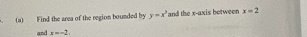 Find the area of the region bounded by y=x^3 and the x-axis between x=2
and x=-2.