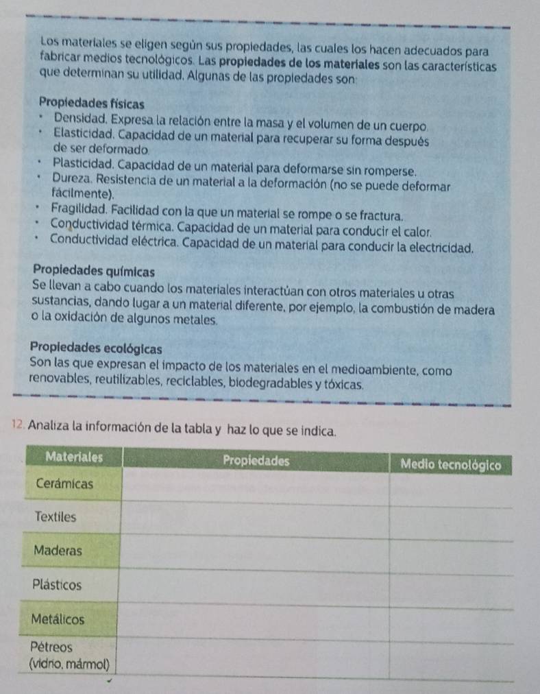 Los materiales se eligen según sus propiedades, las cuales los hacen adecuados para
fabricar medios tecnológicos. Las propiedades de los materiales son las características
que determinan su utilidad. Algunas de las propiedades son:
Propiedades físicas
Densidad, Expresa la relación entre la masa y el volumen de un cuerpo.
Elasticidad. Capacidad de un material para recuperar su forma después
de ser deformado.
Plasticidad. Capacidad de un material para deformarse sin romperse.
Dureza. Resistencia de un material a la deformación (no se puede deformar
fácilmente).
Fragilidad. Facilidad con la que un material se rompe o se fractura.
Conductividad térmica. Capacidad de un material para conducir el calor.
Conductividad eléctrica. Capacidad de un material para conducir la electricidad.
Propiedades químicas
Se llevan a cabo cuando los materiales interactúan con otros materiales u otras
sustancias, dando lugar a un material diferente, por ejemplo, la combustión de madera
o la oxidación de algunos metales.
Propiedades ecológicas
Son las que expresan el ímpacto de los materiales en el medioambiente, como
renovables, reutilizables, reciclables, biodegradables y tóxicas.
12. Analiza la información de la tabla y haz lo que se indica.