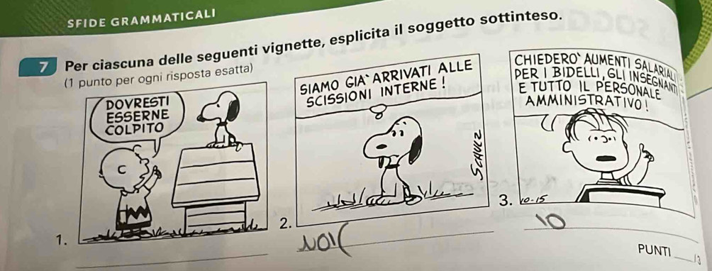 SFIDE GRAMMATICALI 
7 Per ciascuna delle seguenti vitte, esplicita il soggetto sottinteso. 
per ogni risposta esatta) 
CHIEDERO` AUMENTI SALARIA 
PER I BIDELLI, GLI INSEGNANT 
E TUTTO Il PERSonALE 
AMMINISTRATIV 
3. 
_ 
_ 
PUNTI 
1