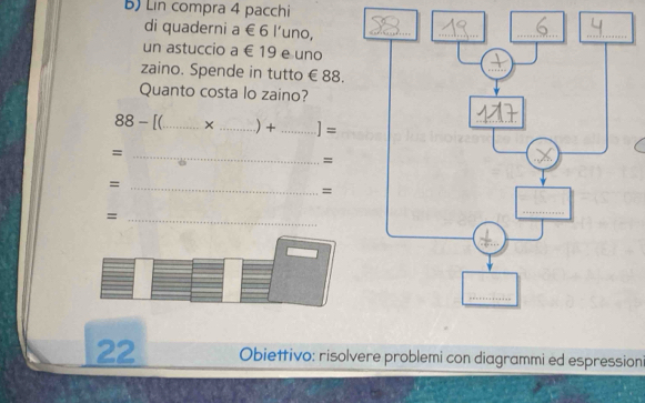 Lin compra 4 pacchi 
di quaderni a € 6 l'uno, 
un astuccio a €19 e uno 
zaino. Spende in tutto €£88. 
Quanto costa lo zaino? 
88- [(_ × _) + _ ]= 
_= 
= 
= 
_ 
= 
_= 
22 Obiettivo: risolvere problemi con diagrammi ed espression