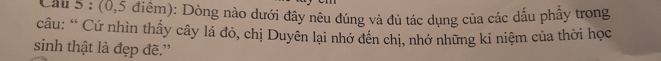 Cau 5 : (0, 5 điểm): Dòng nào dưới đây nêu đúng và đủ tác dụng của các dấu phẩy trong 
cCâu: “ Cứ nhìn thấy cây lá đỏ, chị Duyên lại nhớ đến chị, nhớ những kỉ niệm của thời học 
sinh thật là đẹp đẽ.'