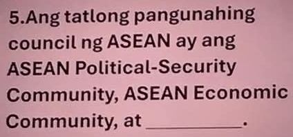 Ang tatlong pangunahing 
council ng ASEAN ay ang 
ASEAN Political-Security 
Community, ASEAN Economic 
Community, at_ 
.