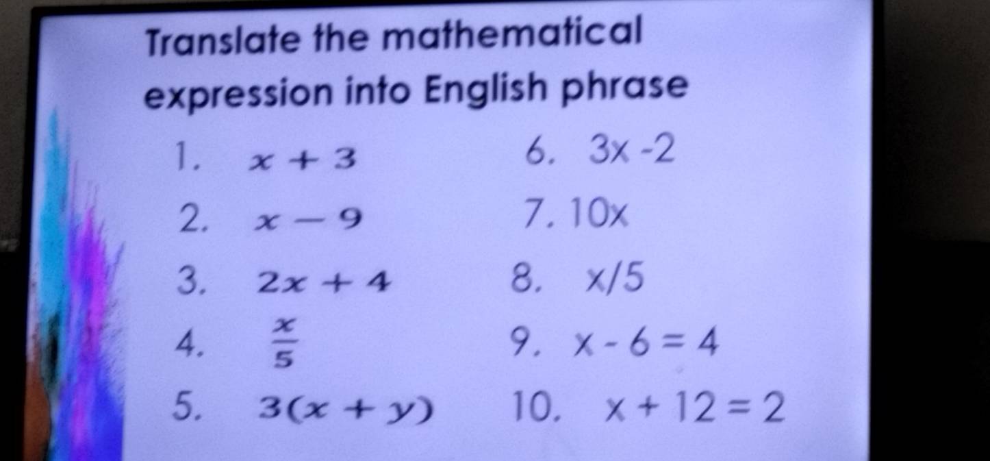 Translate the mathematical 
expression into English phrase 
1. x+3
6. 3x-2
2. x-9 7. 10x
3. 2x+4
8. x/5
4.  x/5  9. x-6=4
5. 3(x+y) 10. x+12=2