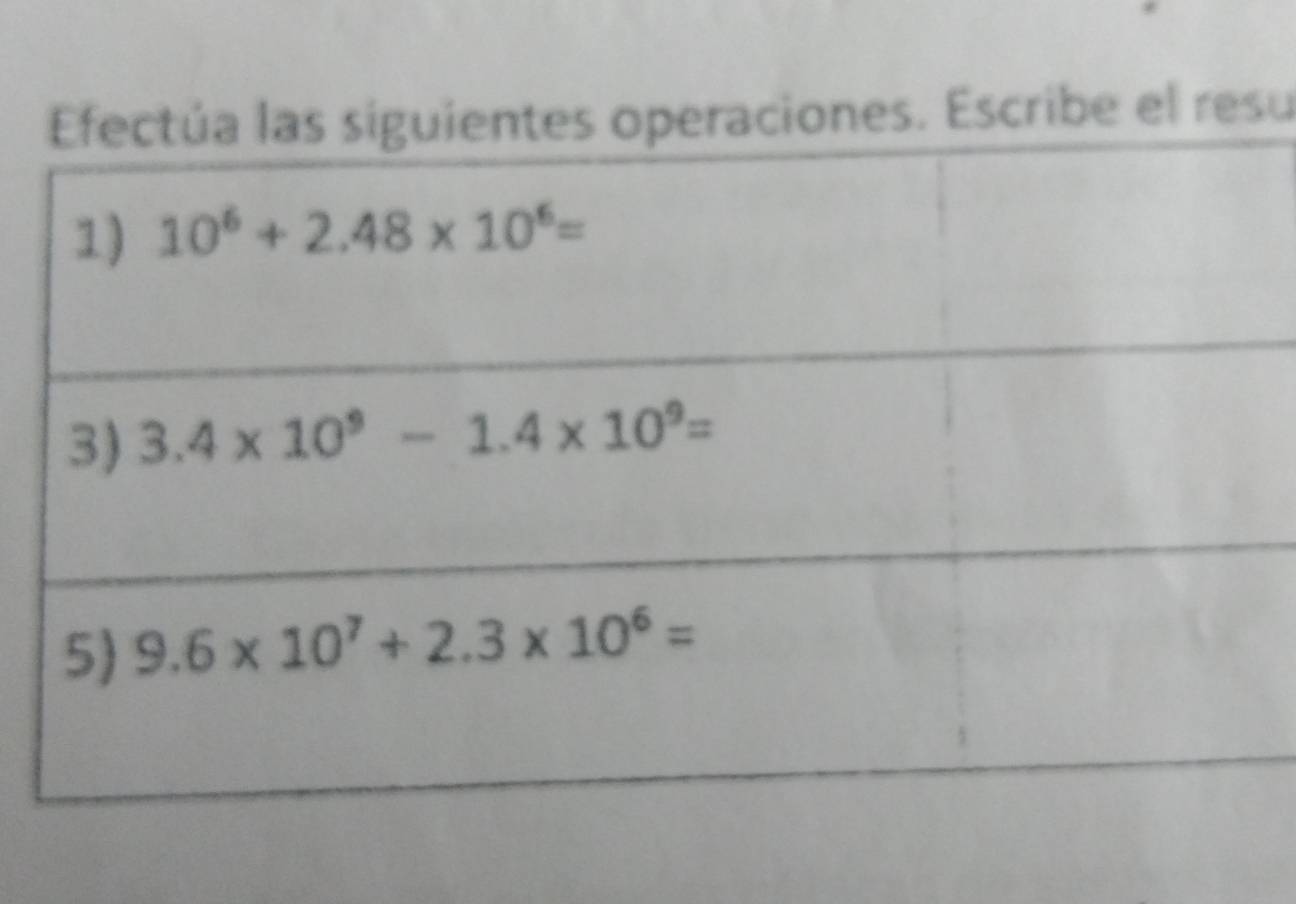 peraciones. Escribe el resu