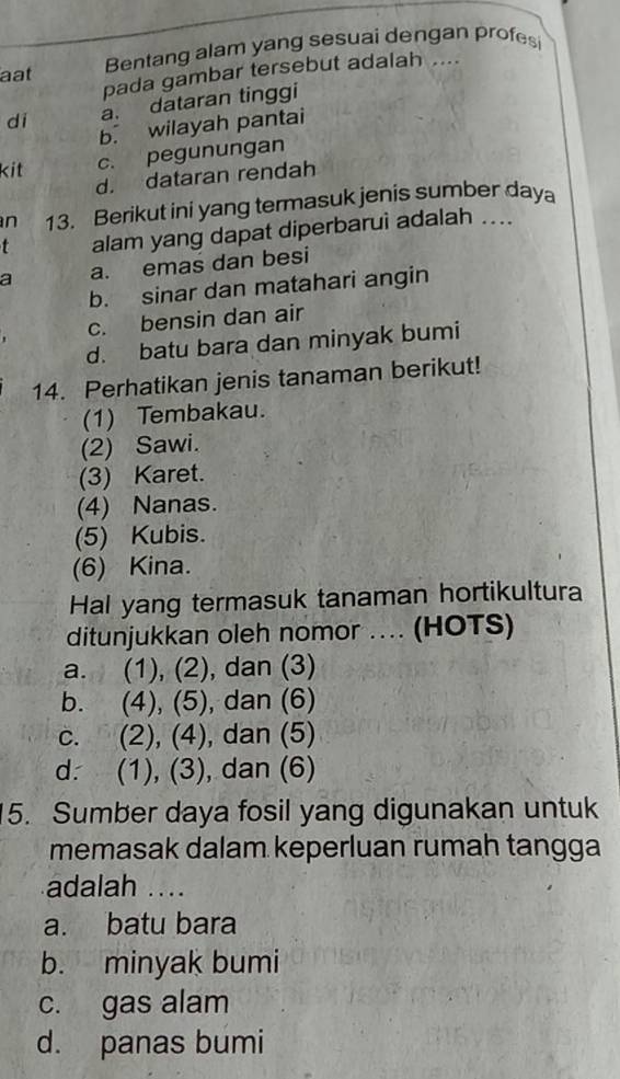 aat Bentang alam yang sesuai dengan profes
pada gambar tersebut adalah …
dí a. dataran tinggi
b. wilayah pantai
kit c. pegunungan
d. dataran rendah
n 13. Berikut ini yang termasuk jenis sumber daya
alam yang dapat diperbarui adalah ....
a a. emas dan besi
b. sinar dan matahari angin
c. bensin dan air
d. batu bara dan minyak bumi
14. Perhatikan jenis tanaman berikut!
(1) Tembakau.
(2) Sawi.
(3) Karet.
(4) Nanas.
(5) Kubis.
(6) Kina.
Hal yang termasuk tanaman hortikultura
ditunjukkan oleh nomor .... (HOTS)
a. (1), (2), dan (3)
b. (4), (5), dan (6)
c. (2), (4), dan (5)
d. (1), (3), dan (6)
5. Sumber daya fosil yang digunakan untuk
memasak dalam keperluan rumah tangga
adalah ....
a. batu bara
b. minyak bumi
c. gas alam
d. panas bumi