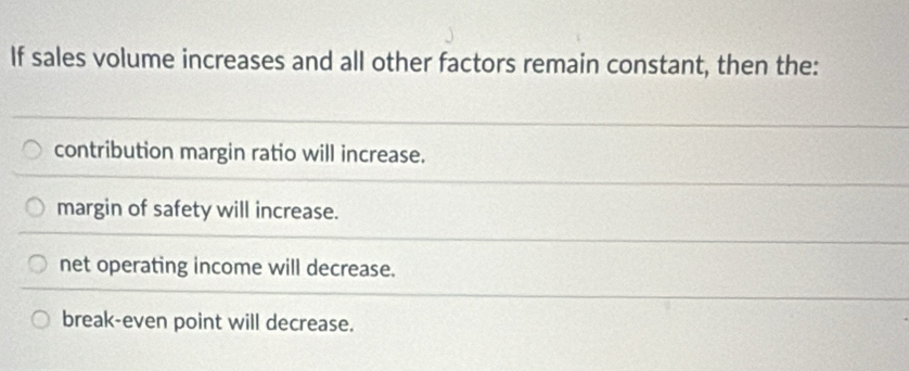 If sales volume increases and all other factors remain constant, then the:
contribution margin ratio will increase.
margin of safety will increase.
net operating income will decrease.
break-even point will decrease.