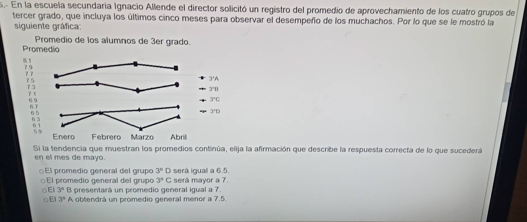 5.- En la escuela secundaria Ignacio Allende el director solicitó un registro del promedio de aprovechamiento de los cuatro grupos de
tercer grado, que incluya los últimos cinco meses para observar el desempeño de los muchachos. Por lo que se le mostró la
siguiente gráfica:
Promedio de los alumnos de 3er grado.
Promedio
8.1
7.9
77
7.5
3°A
7.3
3°B
7.1
6.9
3°C
6.7
6.5
3°D
6 3
6 1
5.9
Enero Febrero Marzo Abril
Si la tendencia que muestran los promedios continúa, elija la afirmación que describe la respuesta correcta de lo que sucederá
en el mes de mayo.
El promedio general del grupo 3°D será igual a 6.5.
El promedio general del grupo 3°C será mayor a 7.
EI 3° B presentará un promedio general igual a 7.
EI 3° r A obtendrá un promedio general menor a 7.5.