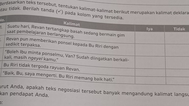 Berdasarkan teks tersebut, tentukan kalimat-kalimat berikra 
tau tidak. Berilah tanda (√ 
No 
1. 
“ 
ureks negosiasi tersebut banyak mengandung kalimat langsu 
kan pendapat Anda. 
D: