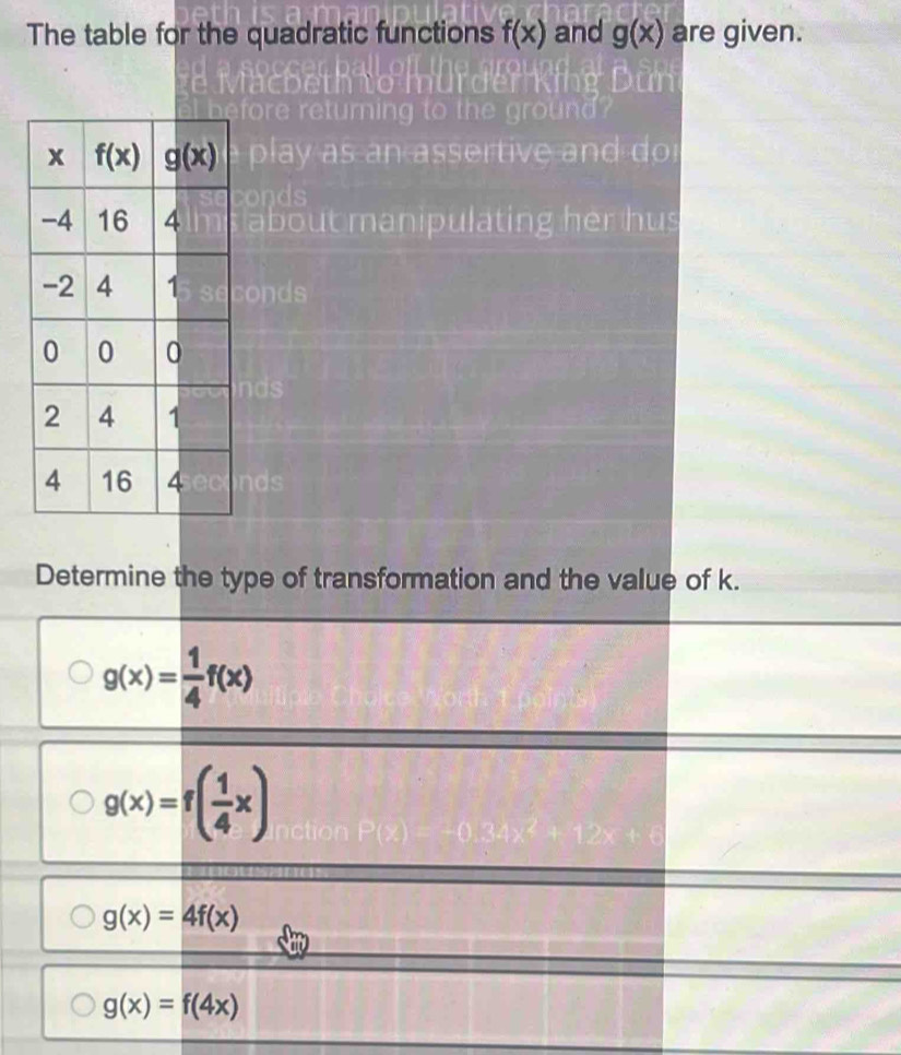 The table for the quadratic functions f(x) and g(x) are given.
play as an assertive and do 
as
about manipulating her hus
onds
nas
nds
Determine the type of transformation and the value of k.
g(x)= 1/4 f(x)
g(x)=f( 1/4 x)
g(x)=4f(x)
g(x)=f(4x)