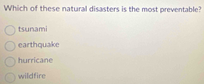 Which of these natural disasters is the most preventable?
tsunami
earthquake
hurricane
wildfire