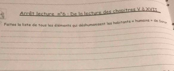 Arrêt lecture n°6 : De la lecture des chapitres V à XVIT 
_ 
Faites la liste de tous les éléments qui déshumanisent les habitants « humains » de Soror 
_ 
_ 
_ 
_ 
_ 
_