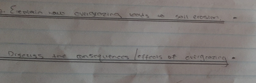 (xplain how overgazing leads to soil erosion. 
Discass the consequences lefteels of evergraning.