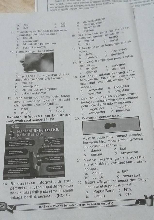 krama yaiku basa kang gunane anggone mi_  , nouweni rase un
wong tuwa. Bocah kang ngecakake basa krams -  mrstandhani  b
migunakake  b e
ngerti unggah-ungguh tan nourman !-
a 200 c 420
a muskoloskeletal b. neuromuscular
b 325 d 700
11. Tumbuhnya rambul pada bagian ketiak
d. spiritual c. sistem saraf
15. Kegiatan fisik pada remaja dapat
merupakan ciri pubertas pada
a laki-laki
membantu proses pemadatan
c tulang
b perempuan
c. laki-laki dan perempuan a mental
b. fisik
d bukan keduanya
16. Pulau terbesar di Indoensia adalah d. emosi
12. Perhatikan gambar berikut! Pulau . .
b. Sumatra a. Jawa
c. Kalimantan d. Sulawesi
17. Ilmu yang mempelajari peta disebut
dengan c、 Kartografi
a geograf d. demologi
b. geologi
18. Kak Ahsan adalah seorang yang
Ciri pubertas pada gambar di atas
bertugas membaca dan menemukan
dapat ditemui pada jenis kelamin ....
a. laki-laki
jalan dari peta, Kak Ahsan adalah
b. perempuan
laki-laki dan perempuan seorang ...
d. bukan keduanya
13. Pada pertumbuhan manusia, tahap b. navigator a. provokator c. konduktor d. proyektor
awal di mana sel telur baru dibuahi 19. Kak Safitri adalah seorang yang
a. zigot c. janin bertugas menggambar dan membuat
oleh sperma akan menjadi
c. fotografer
b. embrio d. spora peta , Kak Safitri adaľah seorang ....
Bacalah infografis berikut untuk a. negosiator b. kartografer d. pemetaan
14-15! 20. Perhatikan gambar berikut!
Apabila pada peta, simbol tersebut
berwarna biru, maka simbol tersebut
menunjukkan adanya ....
a. danau c. laut
b. sungai d. rawa-rawa
21. Simbol warna garis abu-abu,
menunjukkan kenampakan alam
berupa ....
a. danau c. laut
b. sungai d. rawa-rawa
14. Berdasarkan infografis di a, 22. Batas wilayah Indonesia dan Timor
pertumbuhan yang dapat ditingkatkan Leste teretak pada Provinsi ....
dari aktivitas fisik pada remaja adalah a. Papua Barat c. NTB
sebagai berikut, kecuali .. (HOTS) b. Papua d. NTT
54
IPAS Kelas V SD/MI Semester Genap (Kurikulum Merdeka)