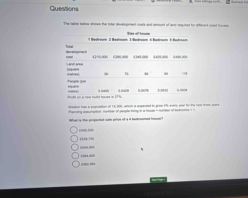 enavoral Pinanc.. www.kellogg.north... Business Scl
Questions
The table below shows the total development costs and amount of land required for different sized houses.
Weston has a population of 14,300, which is expected to grow 4% every year for the next three years.
Planning assumption: number of people living in a house = number of bedrooms +1
What is the projected sale price of a 4 bedroomed house?
£495,000
£539,750
£549,950
£564,800
£582,950
Next Page =