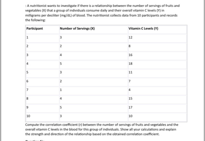 A nutritionist wants to investigate if there is a relationship between the number of servings of fruits and 
vegetables (X) that a group of individuals consume daily and their overall vitamin C levels (Y) in 
milligrams per deciliter (mg/dL) of blood. The nutritionist collects data from 10 participants and records 
the following: 
Compute the correlation coefficient (r) between the number of servings of fruits and vegetables and the 
overall vitamin C levels in the blood for this group of individuals. Show all your calculations and explain 
the strength and direction of the relationship based on the obtained correlation coefficient