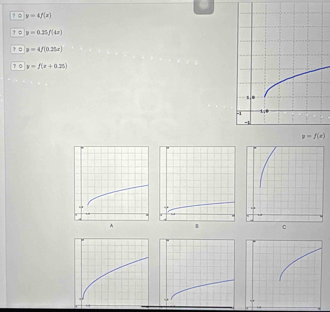 ？。 y=4f(x)
？。 y=0.25f(4x)
？。 y=4f(0.25x)
？ 。 y=f(x+0.25)

Cc