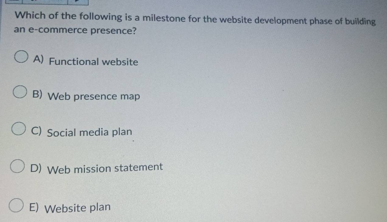 Which of the following is a milestone for the website development phase of building
an e-commerce presence?
A) Functional website
B) Web presence map
C) Social media plan
D) Web mission statement
E) Website plan