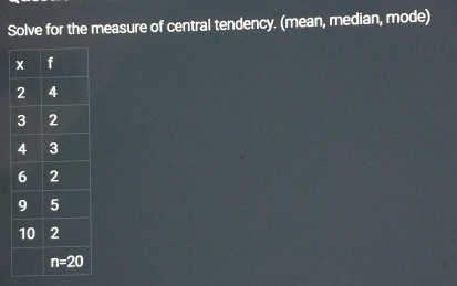 Solve for the measure of central tendency. (mean, median, mode)