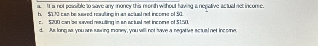 a. It is not possible to save any money this month without having a negative actual net income.
b. $170 can be saved resulting in an actual net income of $0.
c. $200 can be saved resulting in an actual net income of $150.
d. As long as you are saving money, you will not have a negative actual net income.