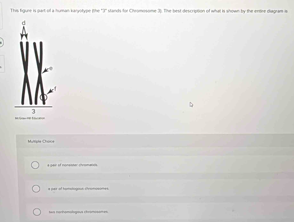 This figure is part of a human karyotype (the "3" stands for Chromosome 3). The best description of what is shown by the entire diagram is
Multiple Choice
a pair of nonsister chromatids.
a pair of homologous chromosomes.
two nonhomologous chromosomes.