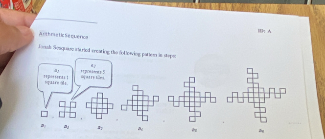 ID: 
Arithmetic Sequence 
Jonah Sesquare started creating the following pattern in steps: 
a1 a2 a) a as
a6