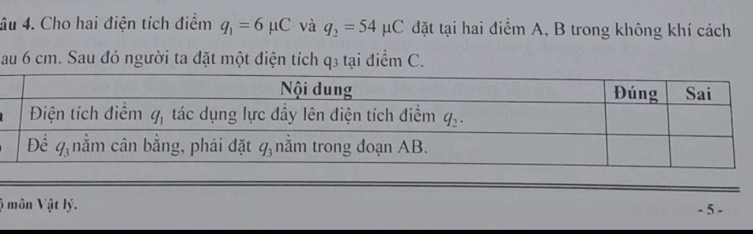 âu 4. Cho hai điện tích điểm q_1=6mu C. và q_2=54mu C đặt tại hai điểm A, B trong không khí cách
au 6 cm. Sau đó người ta đặt một điện tích q3 tại điểm C.
ộ môn Vật lý. - 5 -